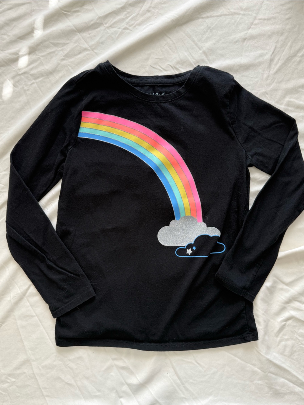 Kids Black Long-Sleeve Top with Rainbow Cloud Graphic
